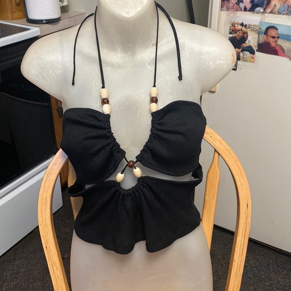 Zara Tops - NWOT ZARA L BOHO BEADED BLACK RIBBED DOUBLE LAYER CROP STRING HALTER TOP